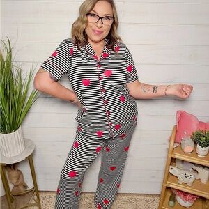 Lularoe- Striped Pajama Set with Pink Hearts